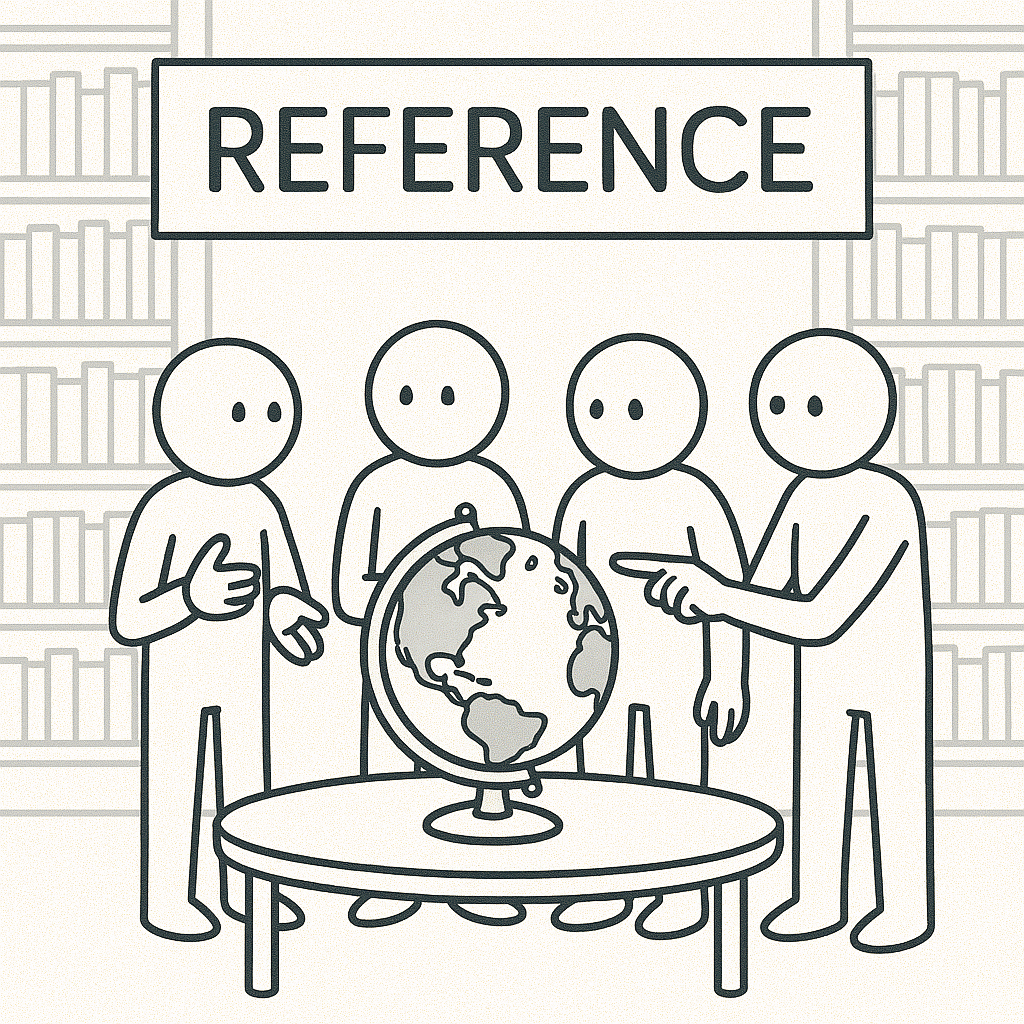 Stick figures around a world globe
